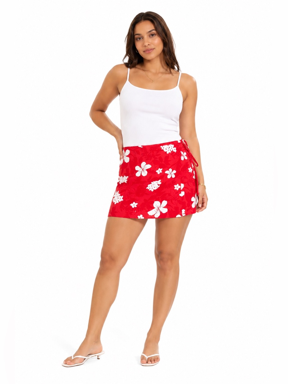 Y2K Vintage Hawaiian Hibiscus Cotton Wrap Mini Skort Skirt Red/White 12